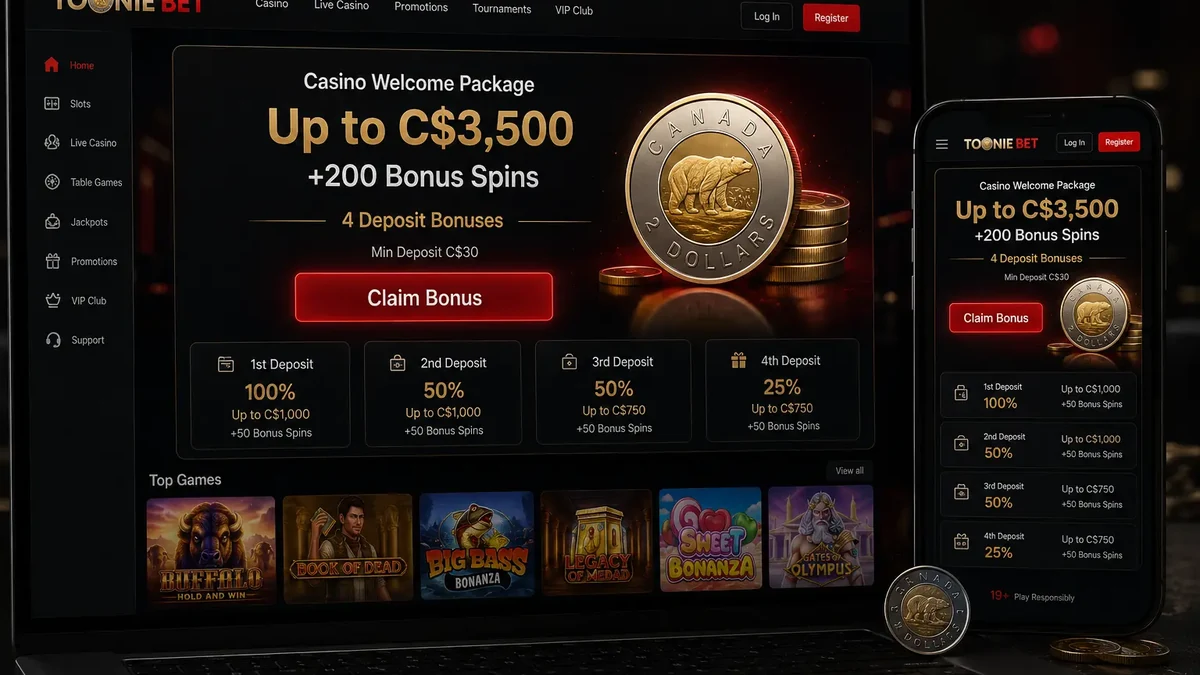Toonie Bet welcome bonus breakdown across four deposits, C,500 total plus 200 free spins