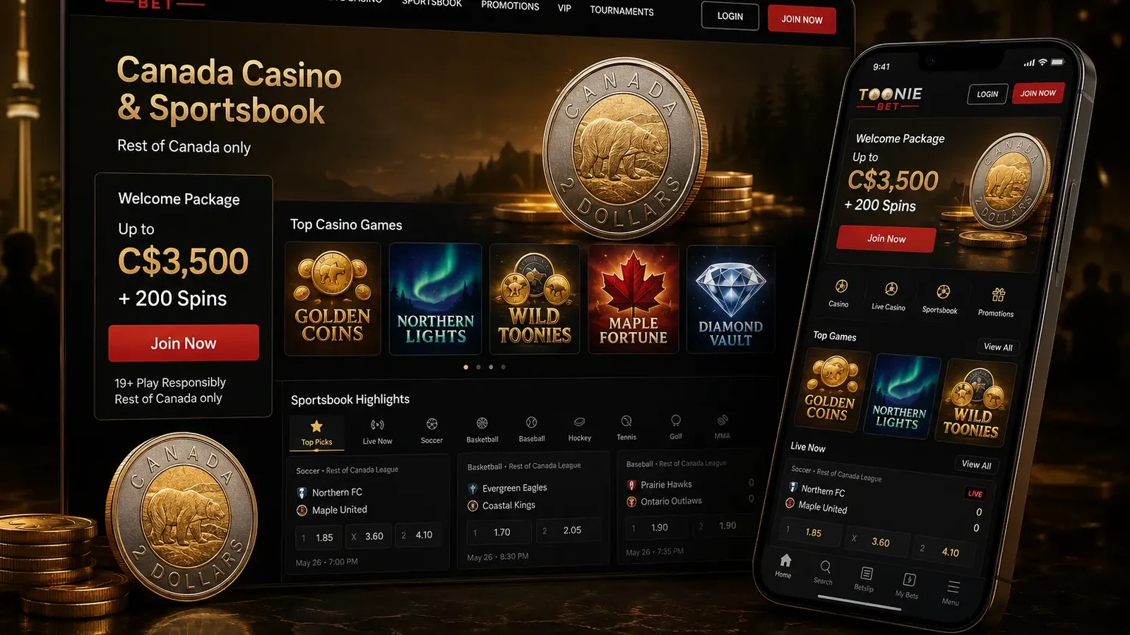 Toonie Bet Canada welcome package C,500 plus 200 free spins hero banner