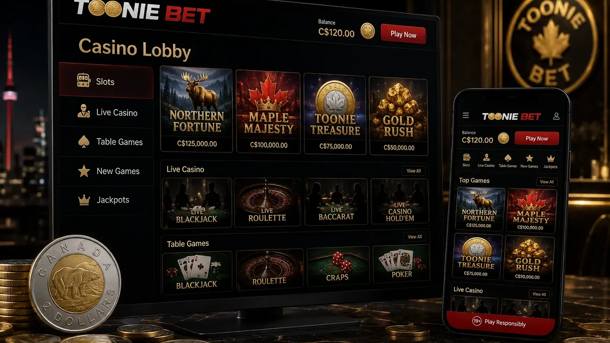 Toonie Bet casino lobby with 3,300 plus games from 80 plus providers